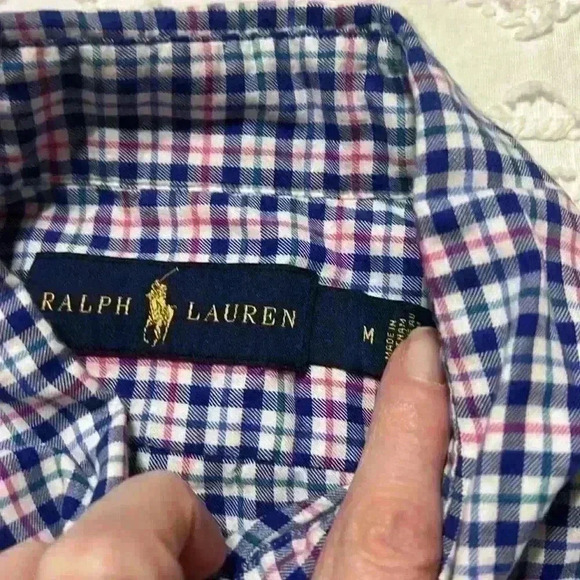 Ralph Lauren plaid men’s button-down with pink embroidered horse. Size medium. - Picture 6 of 10